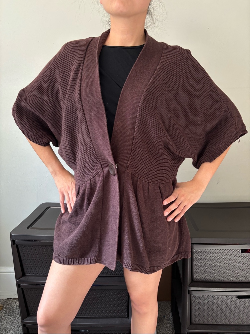 Y2K Chocolate Brown Boho Short Sleeve Baby Doll Midi Cottage Slouchy Cardigan 2X